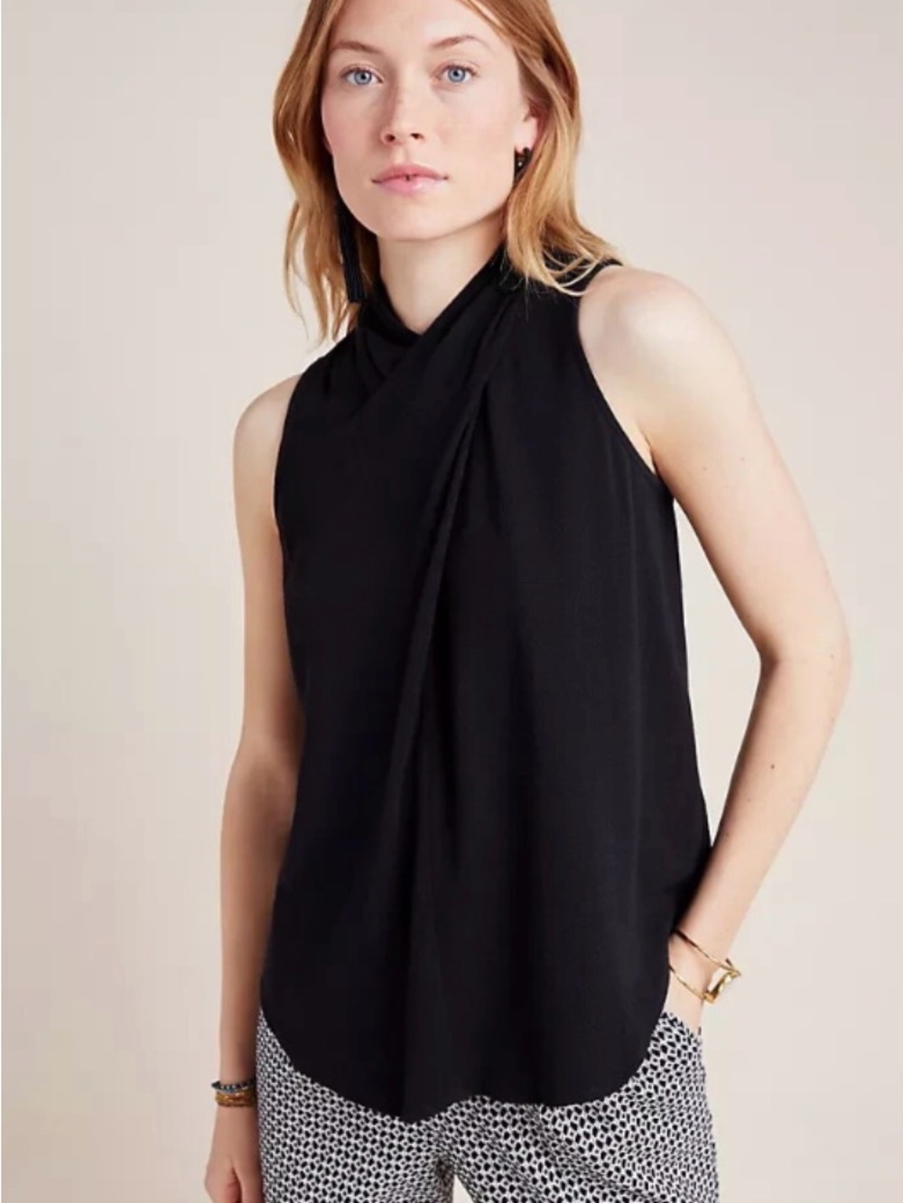 Maeve Black Sleeveless Draped-Neck Blouse EUC